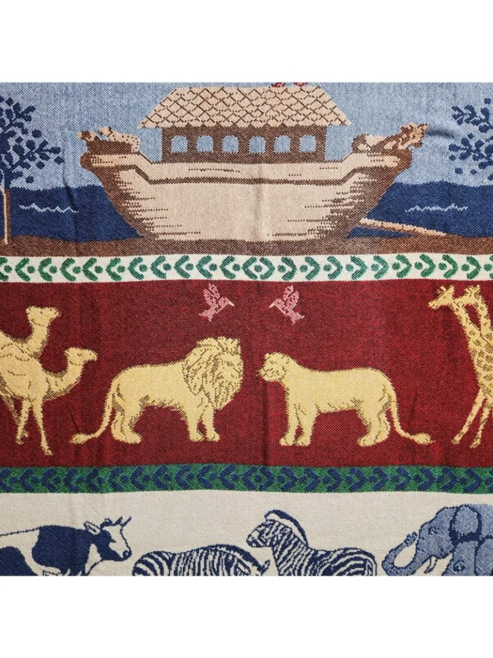 Vtg Crown Crafts Woven Throw Blanket Noah’s Ark Animals Christian Bible 55”x 45”